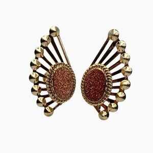 Vintage Fan Earrings Retro Glam Glitter Stone Screw Back Gold Tone Starburst